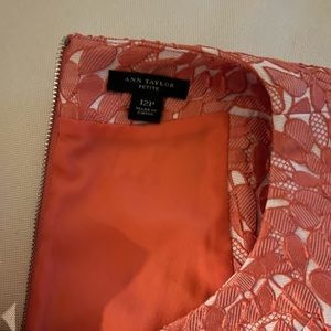 Pink/peach lace Ann Taylor fit and flare dress. Worm once. Size 12P.